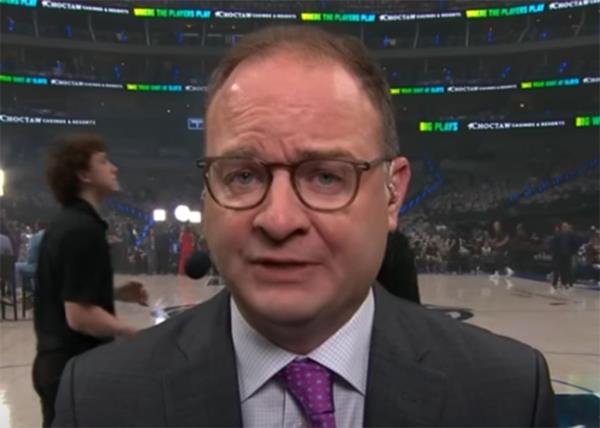 Adrian Wojnarowski reporting during ESPN's "NBA Countdown" show during the NBA Finals between the Celtics and the Mavericks in June 2024.